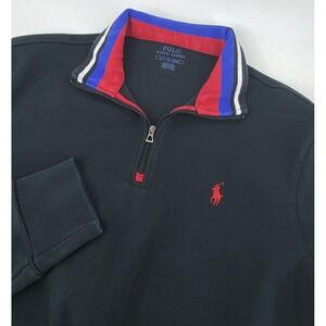 Polo Ralph Lauren Quarter Zip Mens Small Black Logo Contrast Stripe Mock‎ Preppy